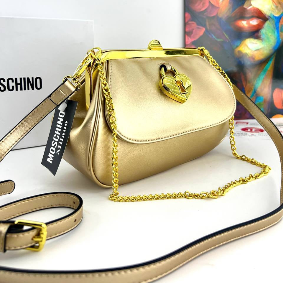 Moschino Heart Lock Chain Handbag with Gold Tone Hardware