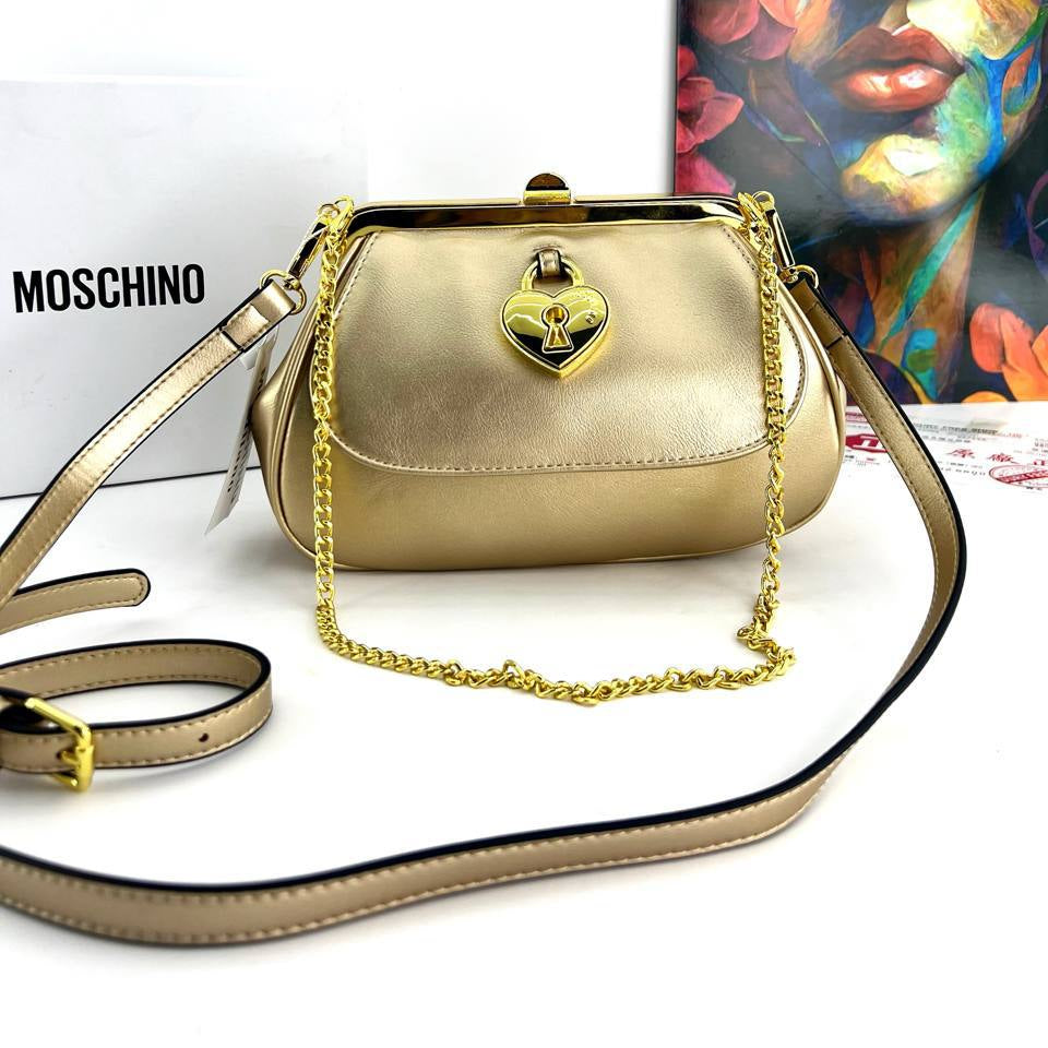 Moschino Heart Lock Chain Handbag with Gold Tone Hardware