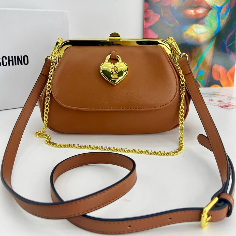 Moschino Heart Lock Chain Handbag with Gold Tone Hardware