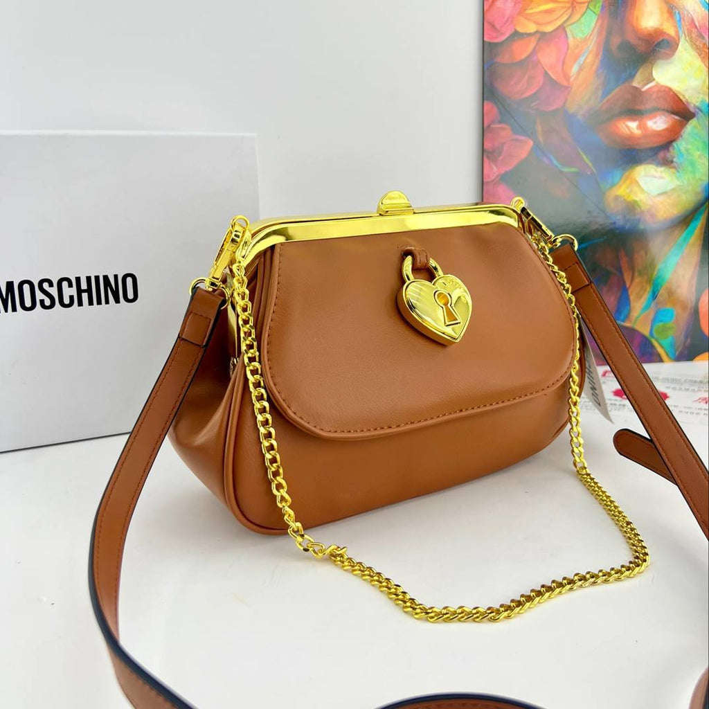 Moschino Heart Lock Chain Handbag with Gold Tone Hardware