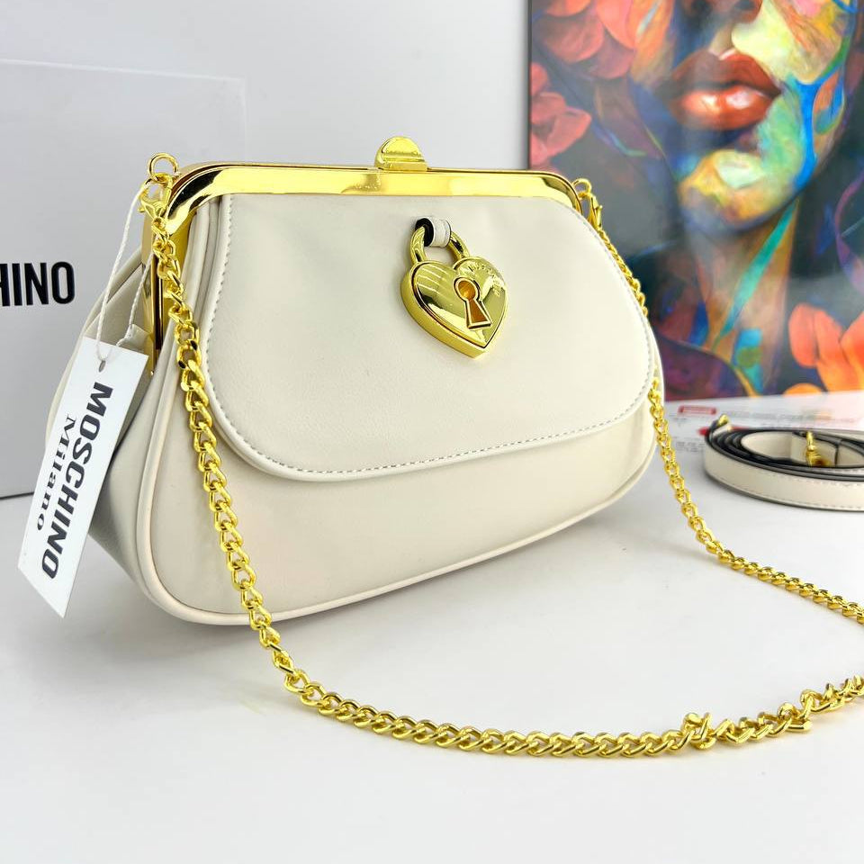 Moschino Heart Lock Chain Handbag with Gold Tone Hardware