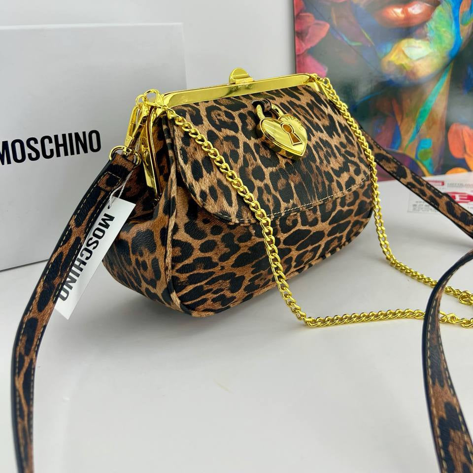Moschino Heart Lock Chain Handbag with Gold Tone Hardware