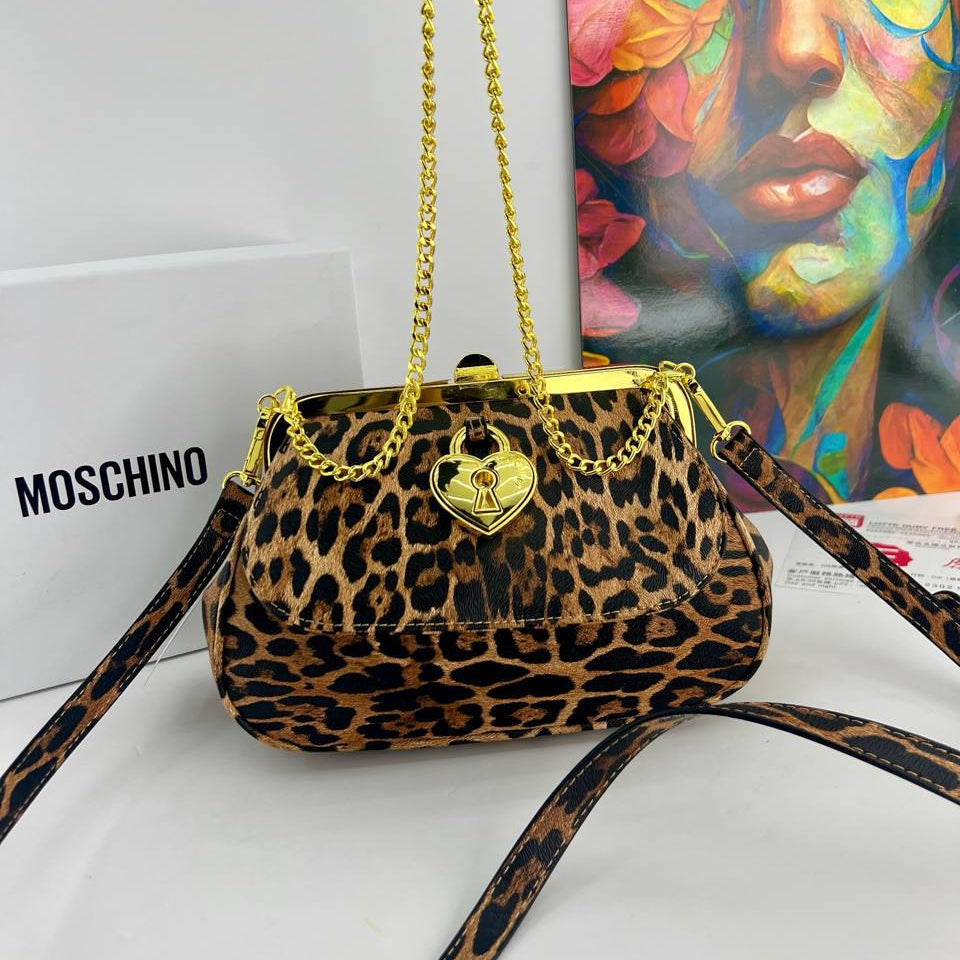 Moschino Heart Lock Chain Handbag with Gold Tone Hardware