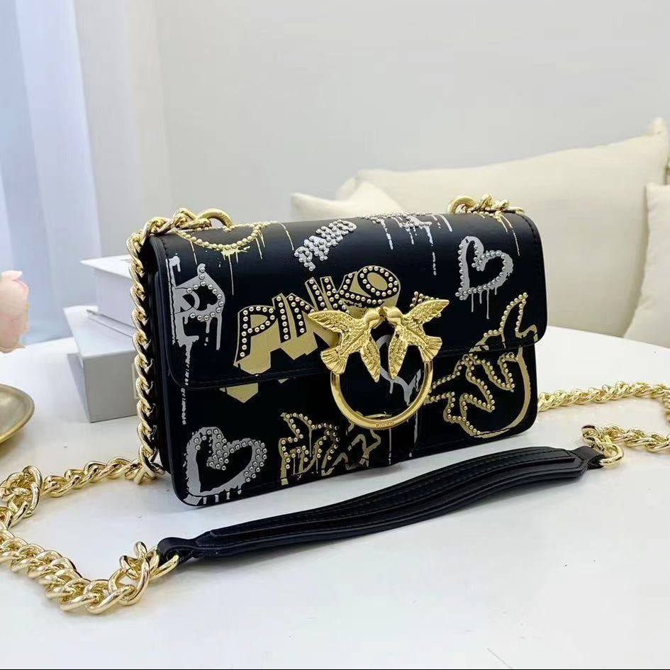 PINKO Graffiti Shoulder Bag with Iconic Bird Logo and Gold Chain