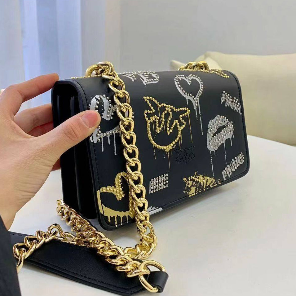 PINKO Graffiti Shoulder Bag with Iconic Bird Logo and Gold Chain