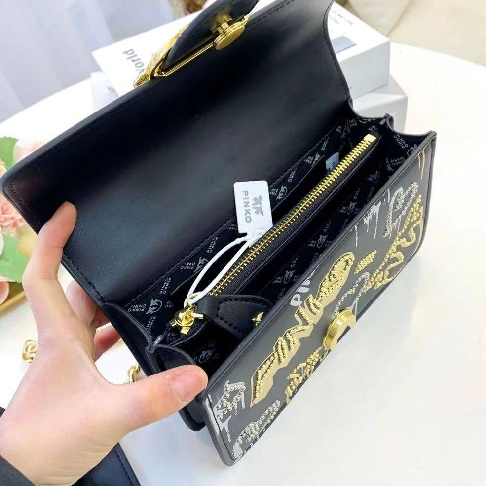 PINKO Graffiti Shoulder Bag with Iconic Bird Logo and Gold Chain