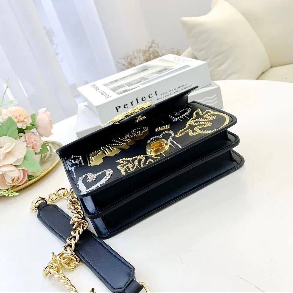 PINKO Graffiti Shoulder Bag with Iconic Bird Logo and Gold Chain