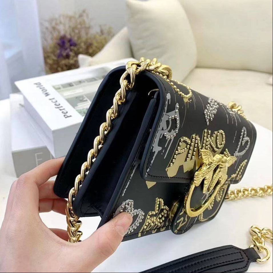 PINKO Graffiti Shoulder Bag with Iconic Bird Logo and Gold Chain