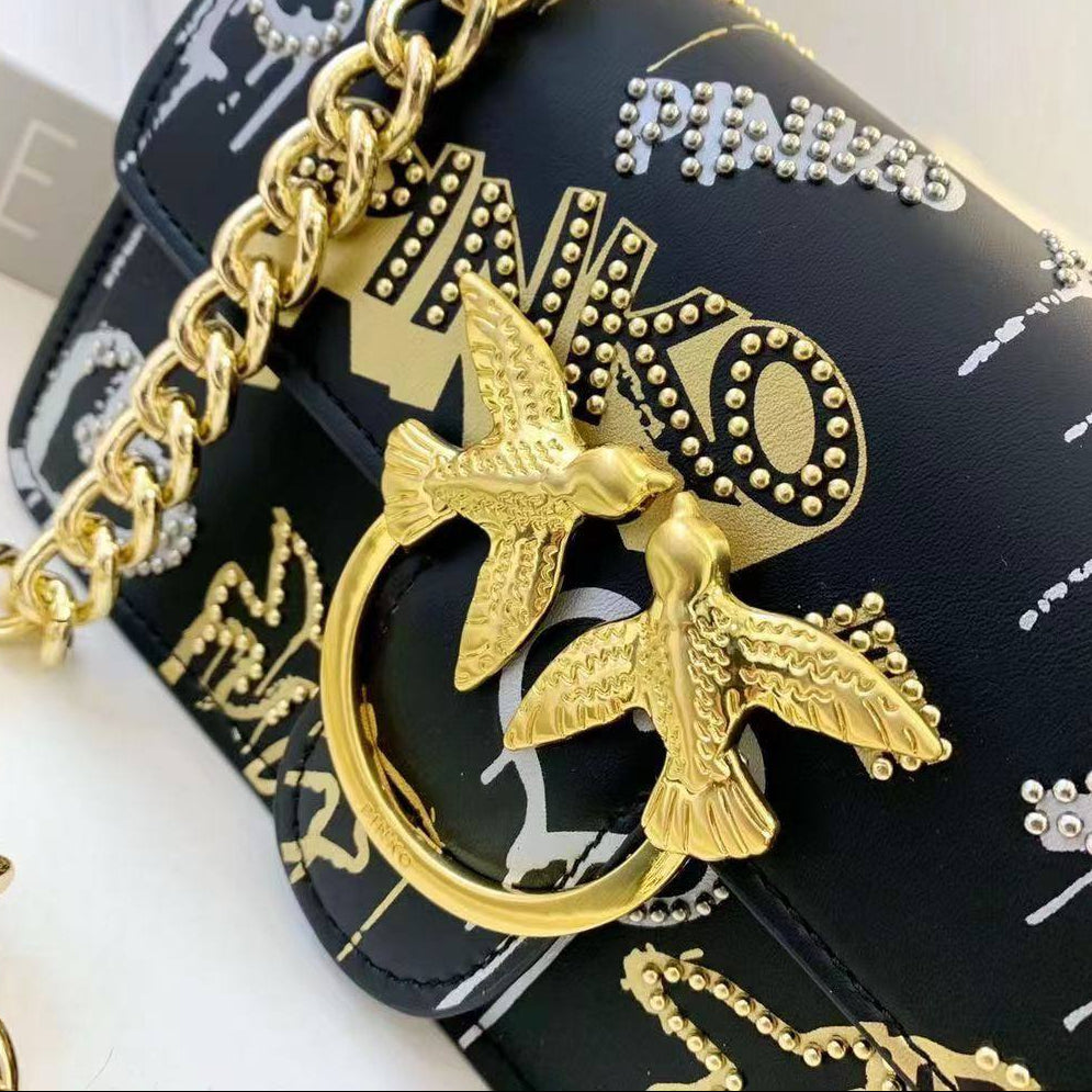 PINKO Graffiti Shoulder Bag with Iconic Bird Logo and Gold Chain