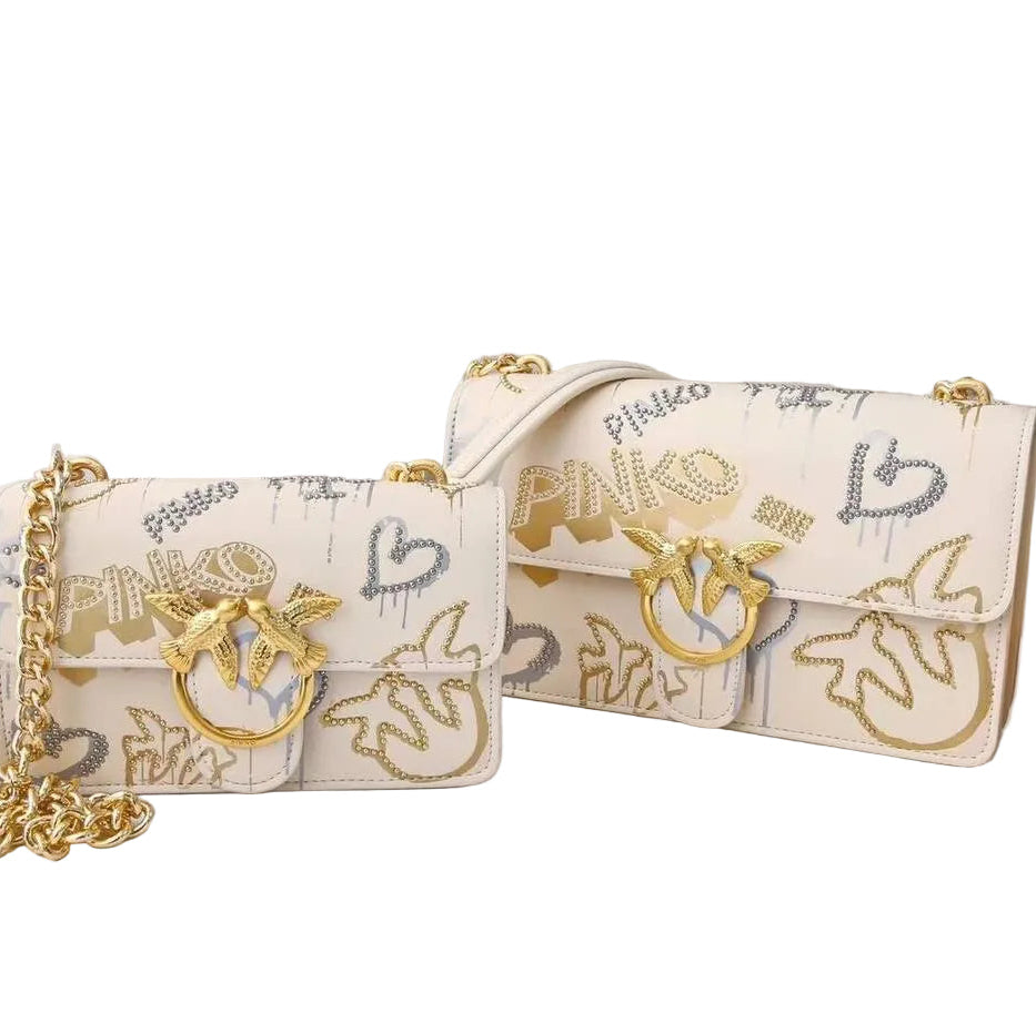 PINKO Graffiti Shoulder Bag with Iconic Bird Logo and Gold Chain