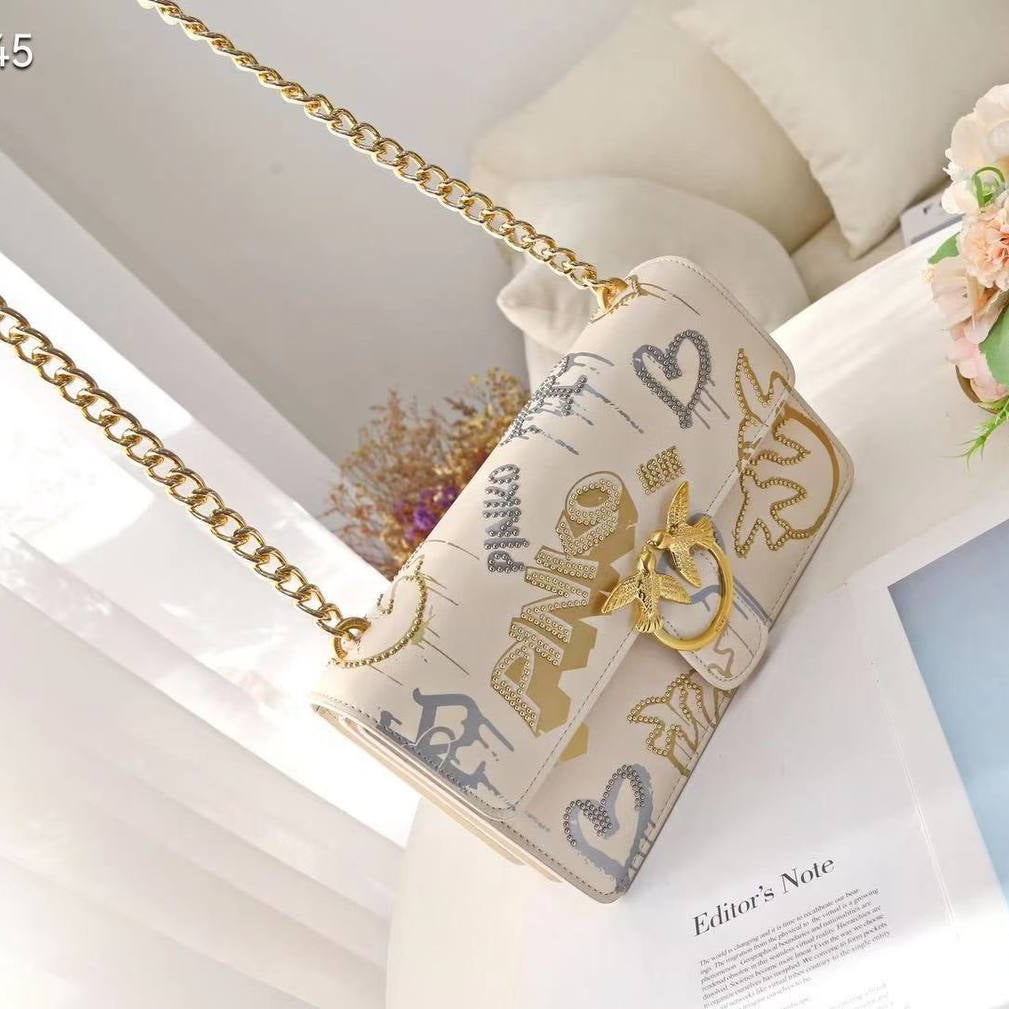 PINKO Graffiti Shoulder Bag with Iconic Bird Logo and Gold Chain