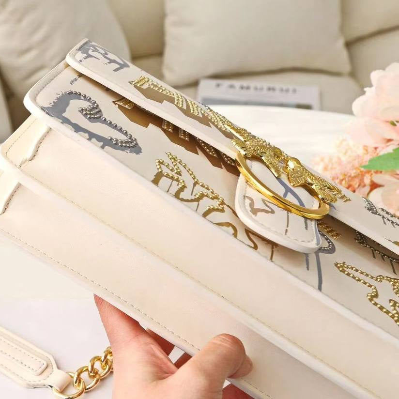 PINKO Graffiti Shoulder Bag with Iconic Bird Logo and Gold Chain