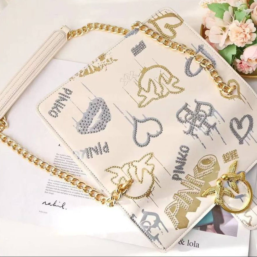 PINKO Graffiti Shoulder Bag with Iconic Bird Logo and Gold Chain