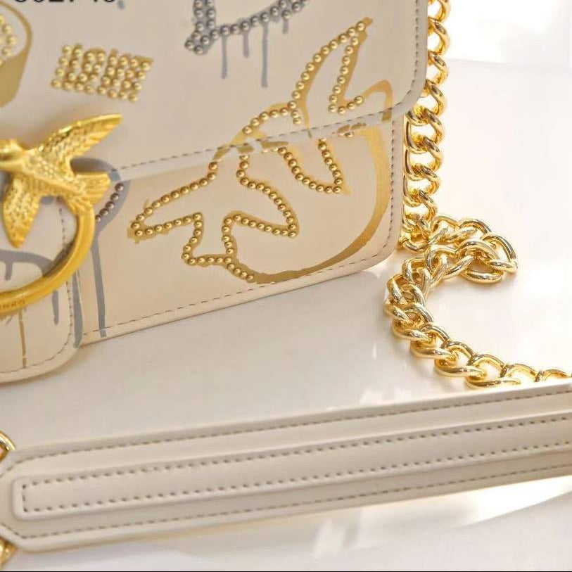 PINKO Graffiti Shoulder Bag with Iconic Bird Logo and Gold Chain