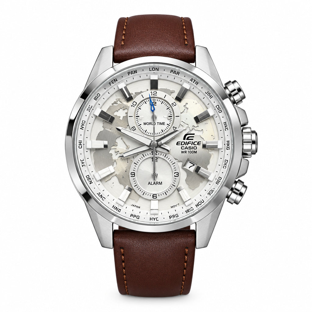 Casio Edifice World Time Watch with Brown Leather Strap