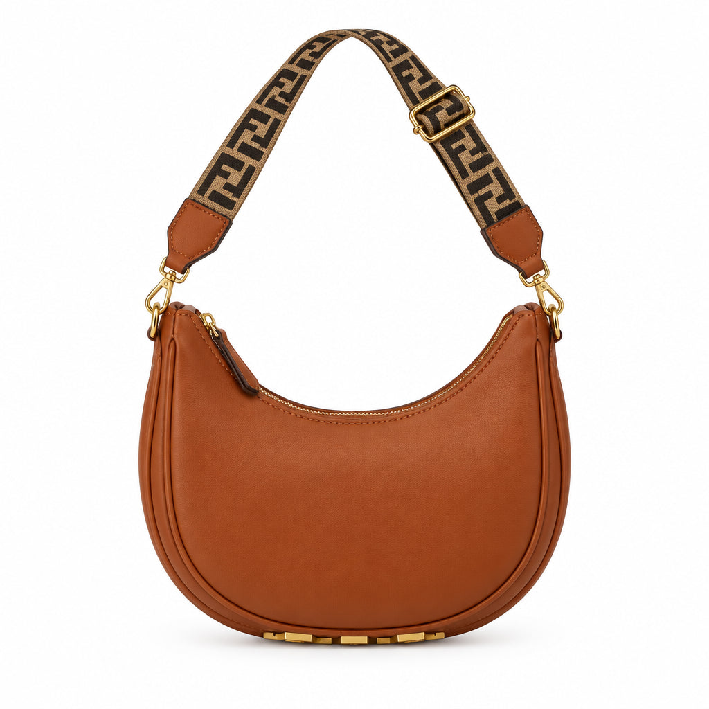 Fendi Moon Shape Brown Leather Shoulder Bag with Iconic Logo Strap