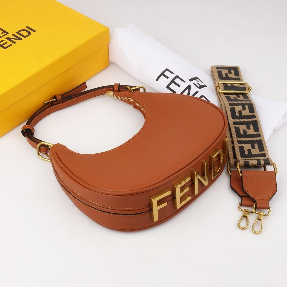 Fendi Moon Shape Brown Leather Shoulder Bag with Iconic Logo Strap
