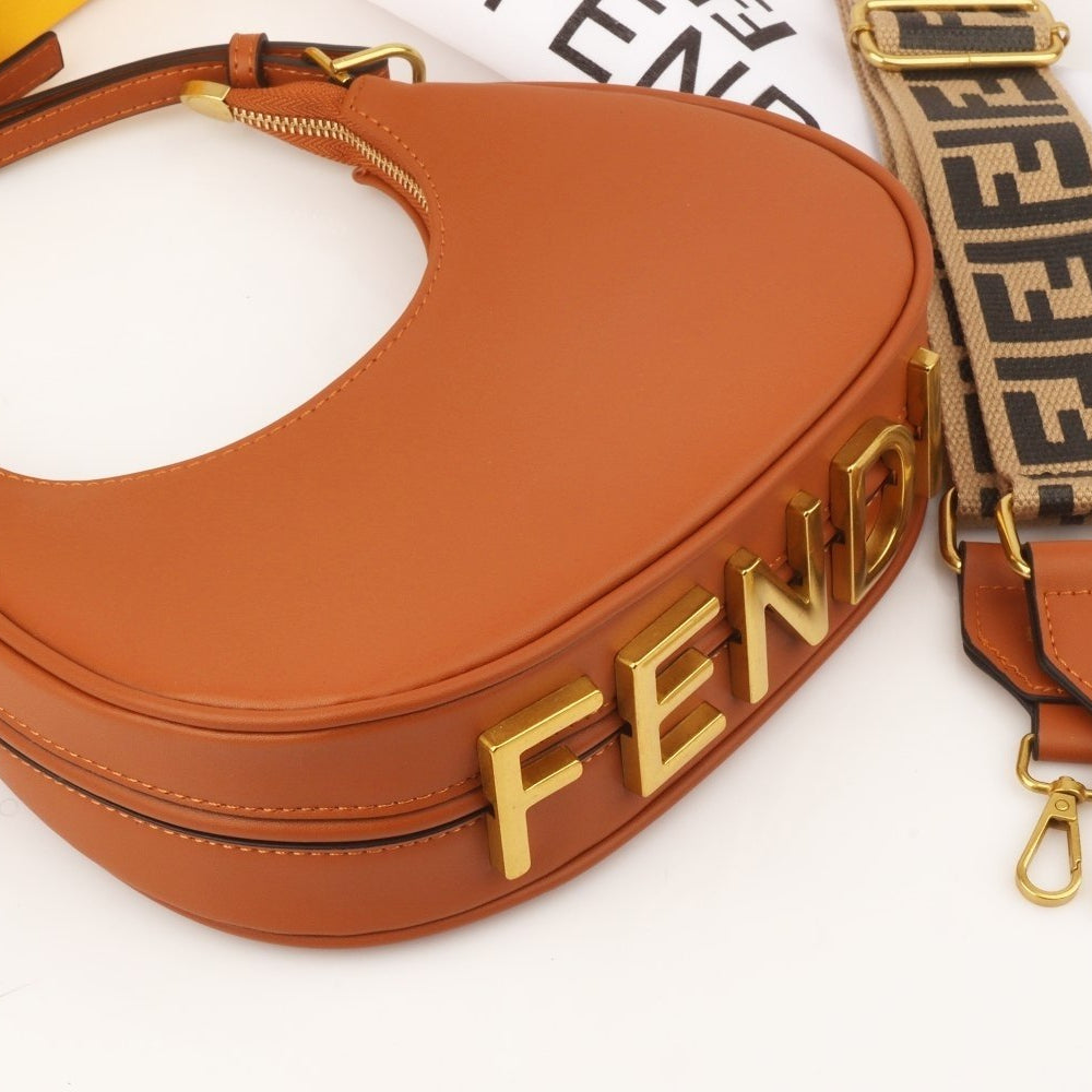 Fendi Moon Shape Brown Leather Shoulder Bag with Iconic Logo Strap