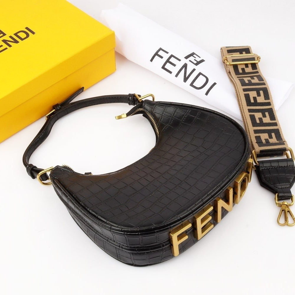 Fendi Moon Shape Brown Leather Shoulder Bag with Iconic Logo Strap
