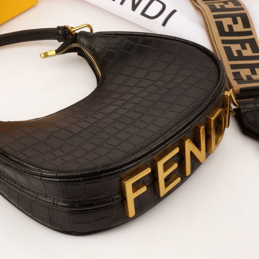 Fendi Moon Shape Brown Leather Shoulder Bag with Iconic Logo Strap