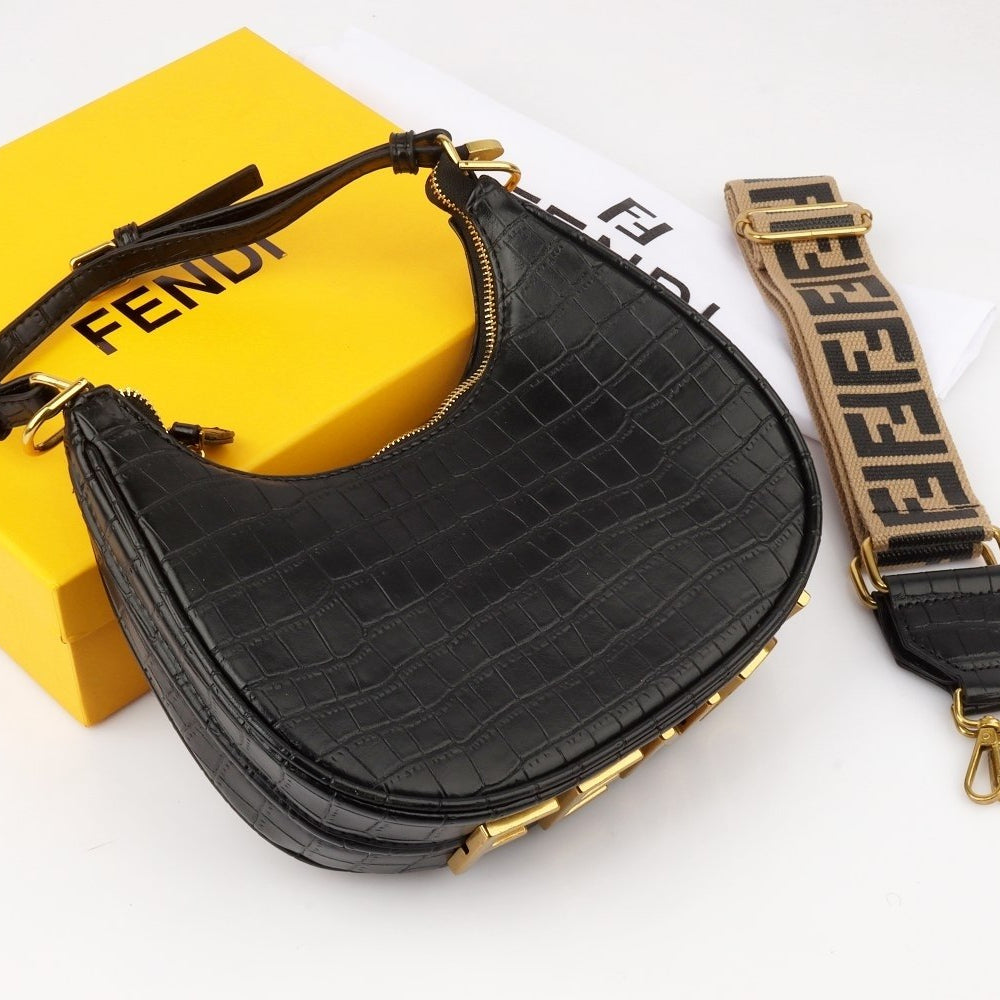 Fendi Moon Shape Brown Leather Shoulder Bag with Iconic Logo Strap
