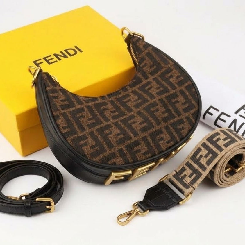 Fendi Moon Shape Brown Leather Shoulder Bag with Iconic Logo Strap