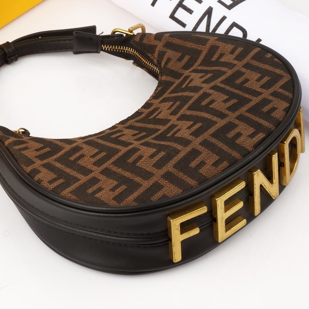 Fendi Moon Shape Brown Leather Shoulder Bag with Iconic Logo Strap