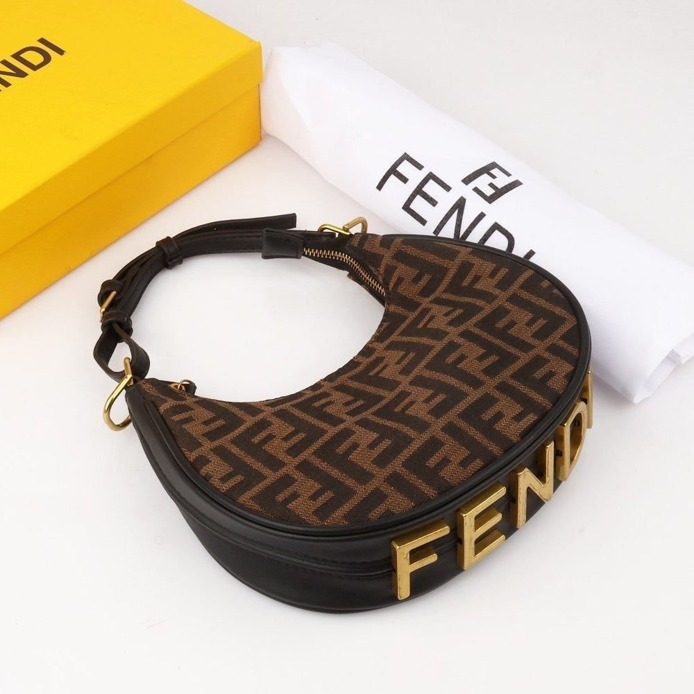 Fendi Moon Shape Brown Leather Shoulder Bag with Iconic Logo Strap