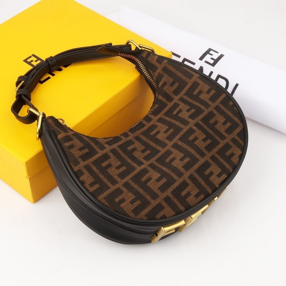 Fendi Moon Shape Brown Leather Shoulder Bag with Iconic Logo Strap
