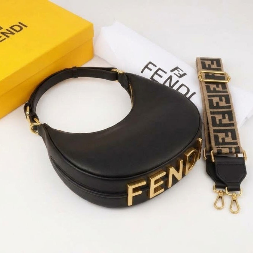 Fendi Moon Shape Brown Leather Shoulder Bag with Iconic Logo Strap