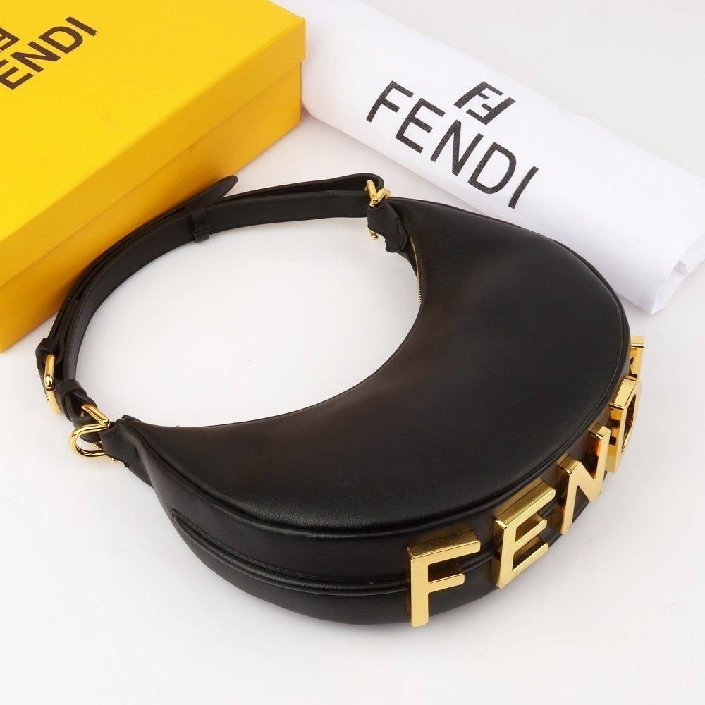 Fendi Moon Shape Brown Leather Shoulder Bag with Iconic Logo Strap