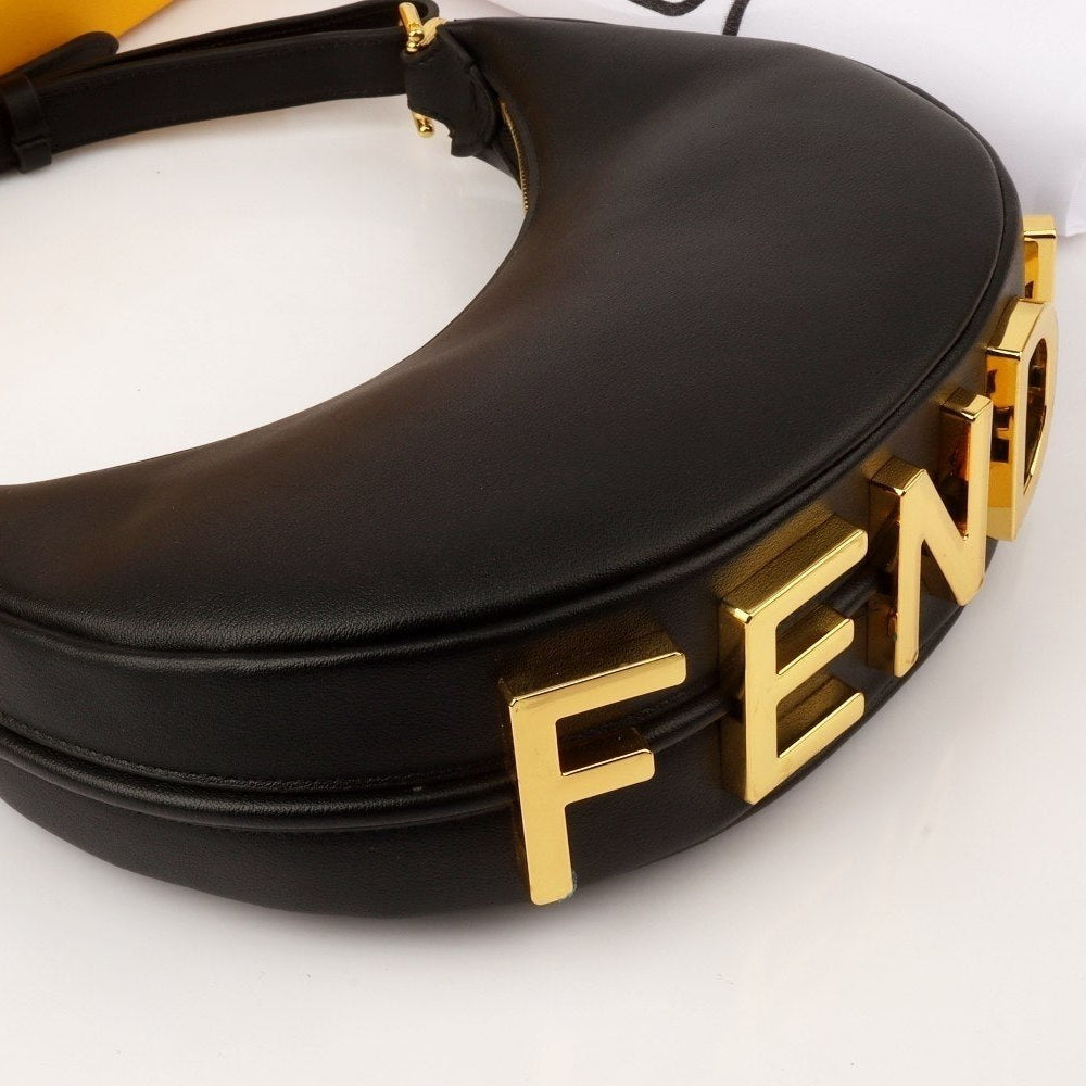 Fendi Moon Shape Brown Leather Shoulder Bag with Iconic Logo Strap