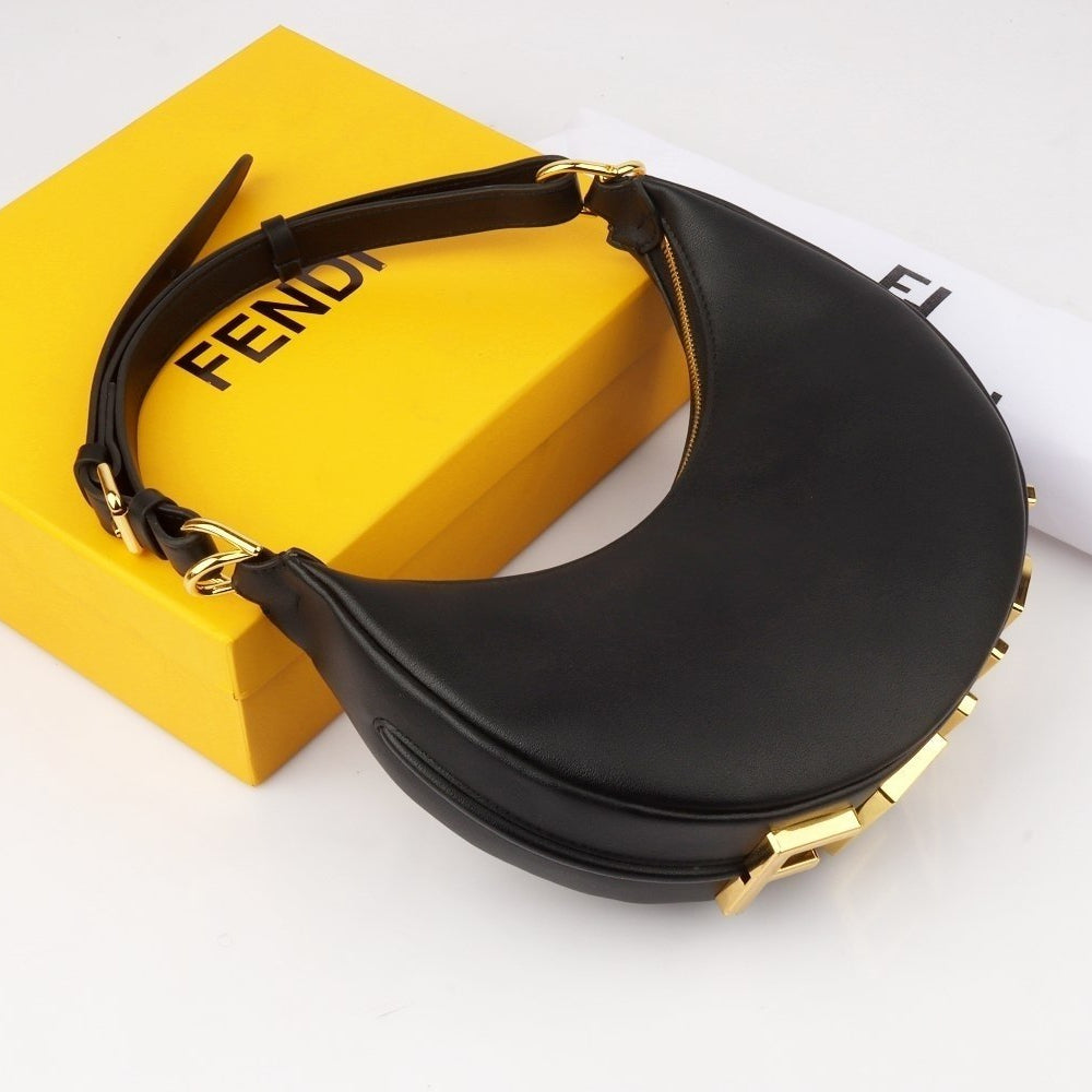 Fendi Moon Shape Brown Leather Shoulder Bag with Iconic Logo Strap