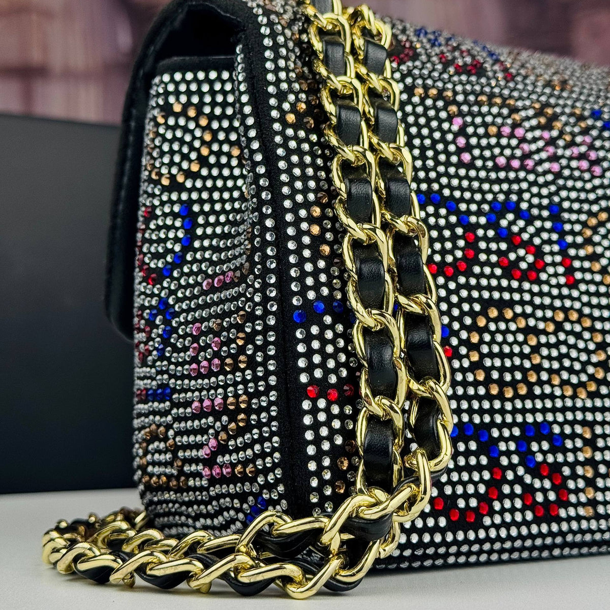 Chanel Multi-Color Rhinestone Embellished Gold Chain Bag