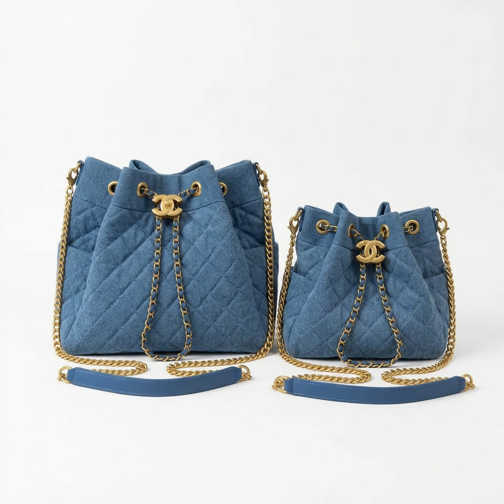 Chanel Quilted Denim Bucket Bag with Gold Chain Detail