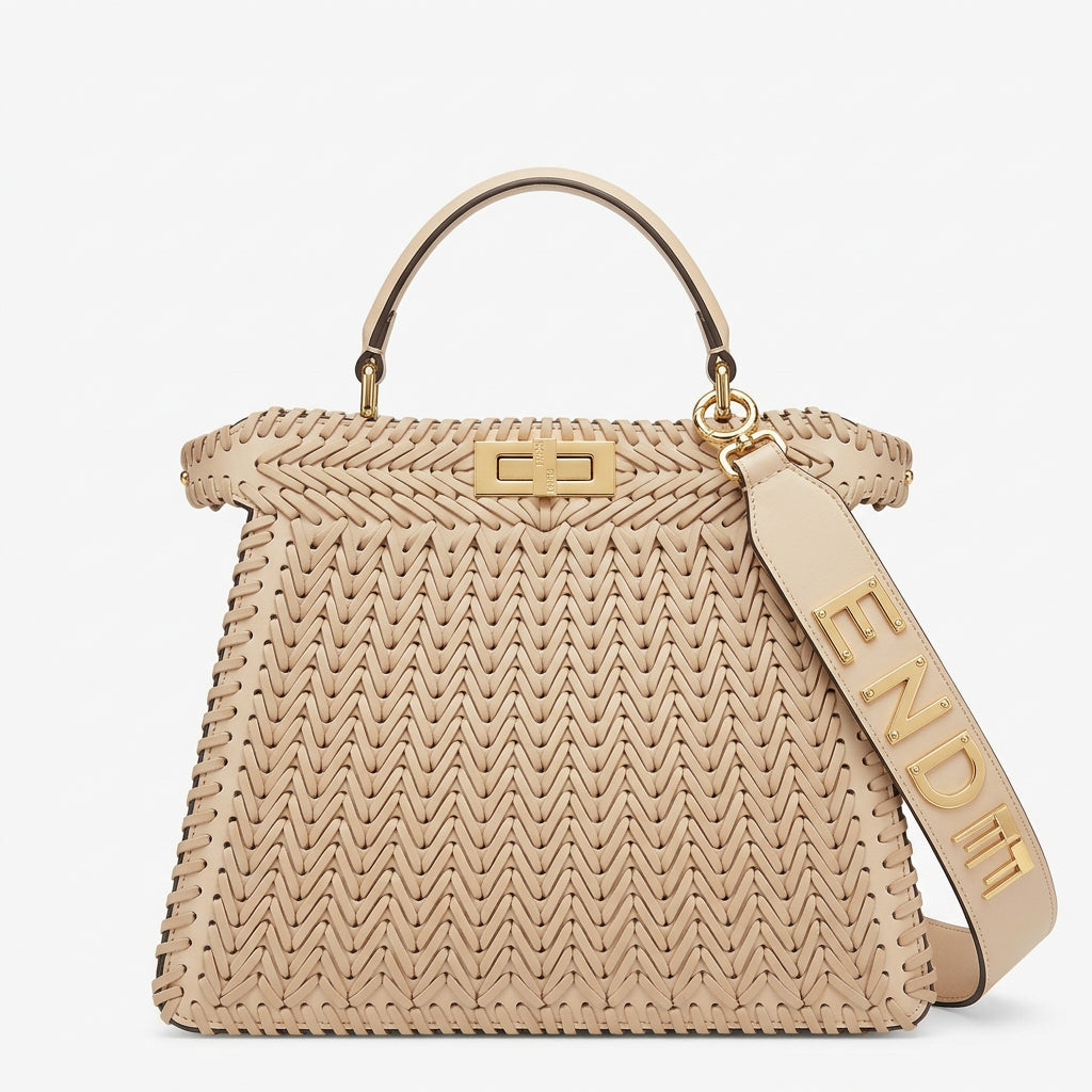 Fendi Woven Beige Handbag with Branded Strap
