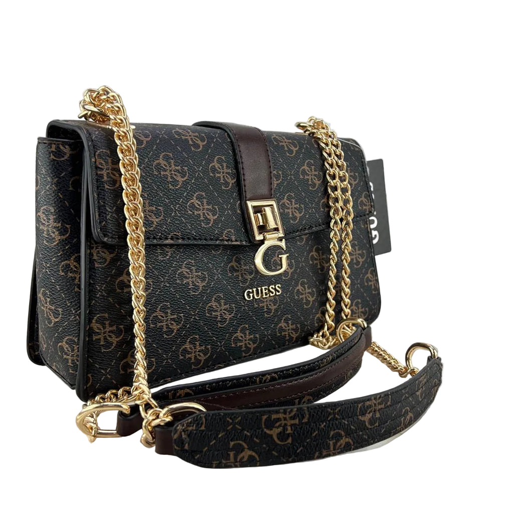 GUESS Monogram Logo Crossbody Bag with Gold Chain Strap 👜✨🤎