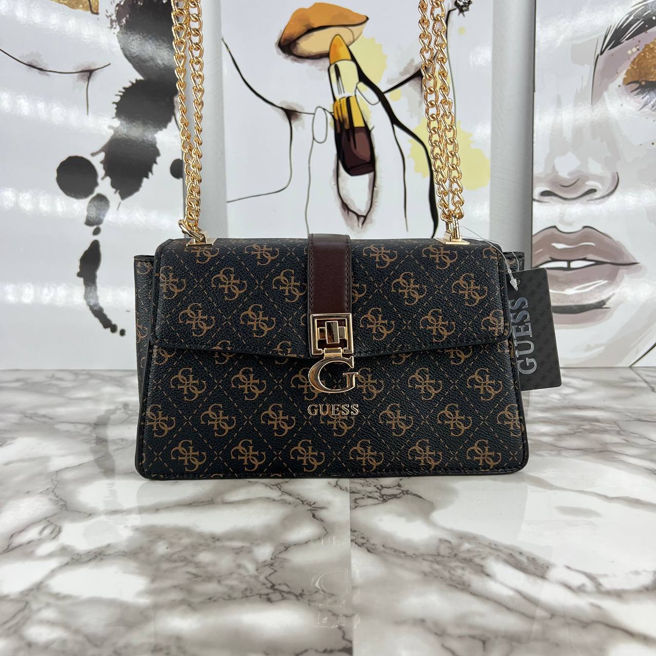 GUESS Monogram Logo Crossbody Bag with Gold Chain Strap 👜✨🤎