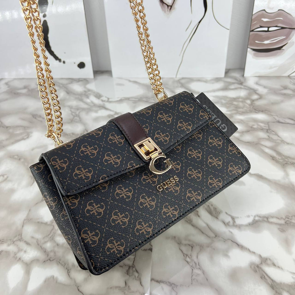 GUESS Monogram Logo Crossbody Bag with Gold Chain Strap 👜✨🤎