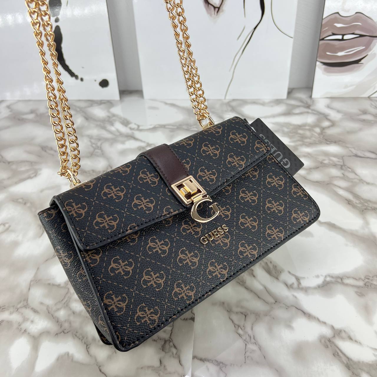 GUESS Monogram Logo Crossbody Bag with Gold Chain Strap 👜✨🤎