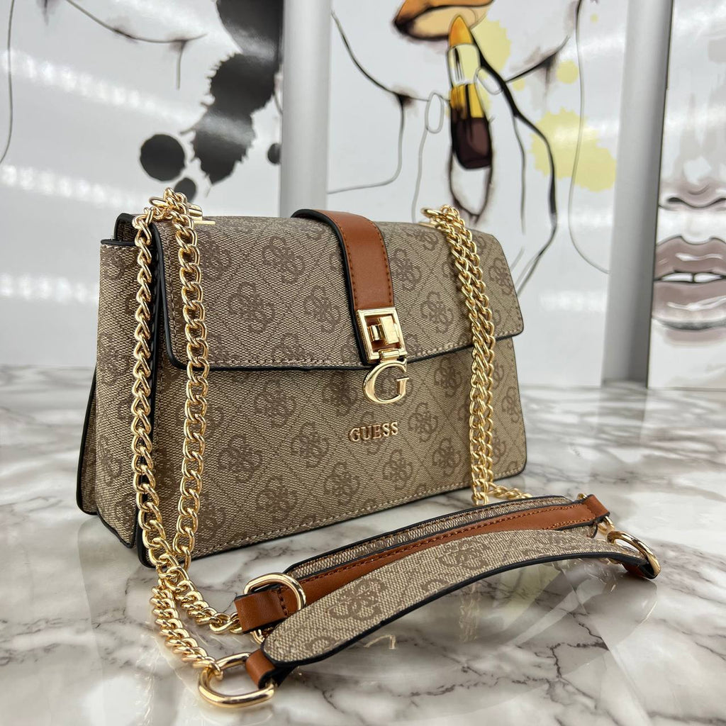 GUESS Monogram Logo Crossbody Bag with Gold Chain Strap 👜✨🤎