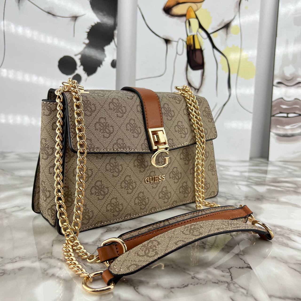 GUESS Monogram Logo Crossbody Bag with Gold Chain Strap 👜✨🤎