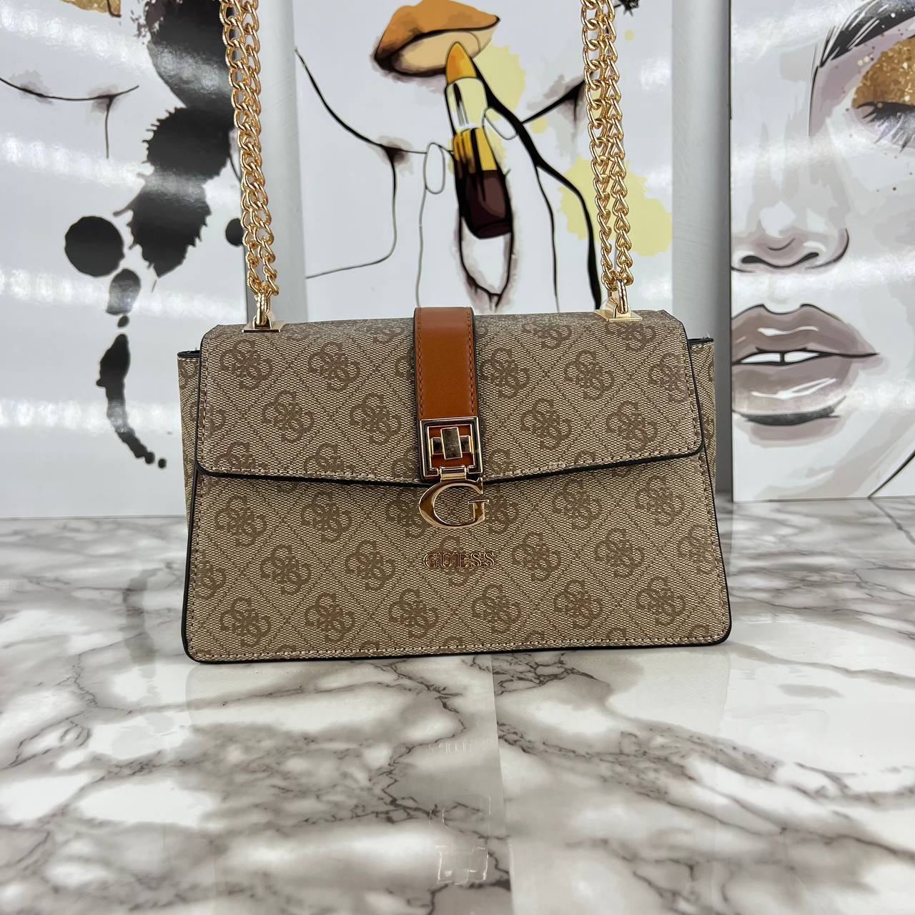 GUESS Monogram Logo Crossbody Bag with Gold Chain Strap 👜✨🤎
