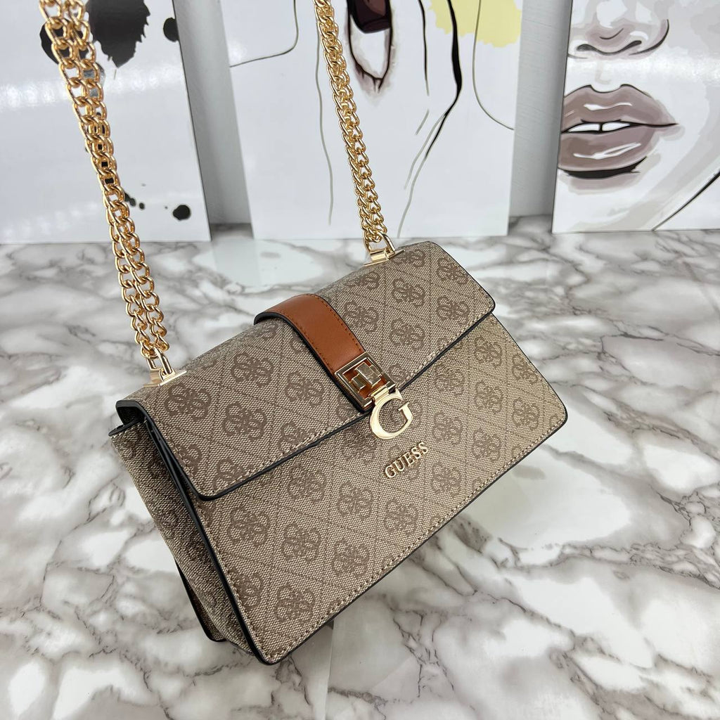GUESS Monogram Logo Crossbody Bag with Gold Chain Strap 👜✨🤎