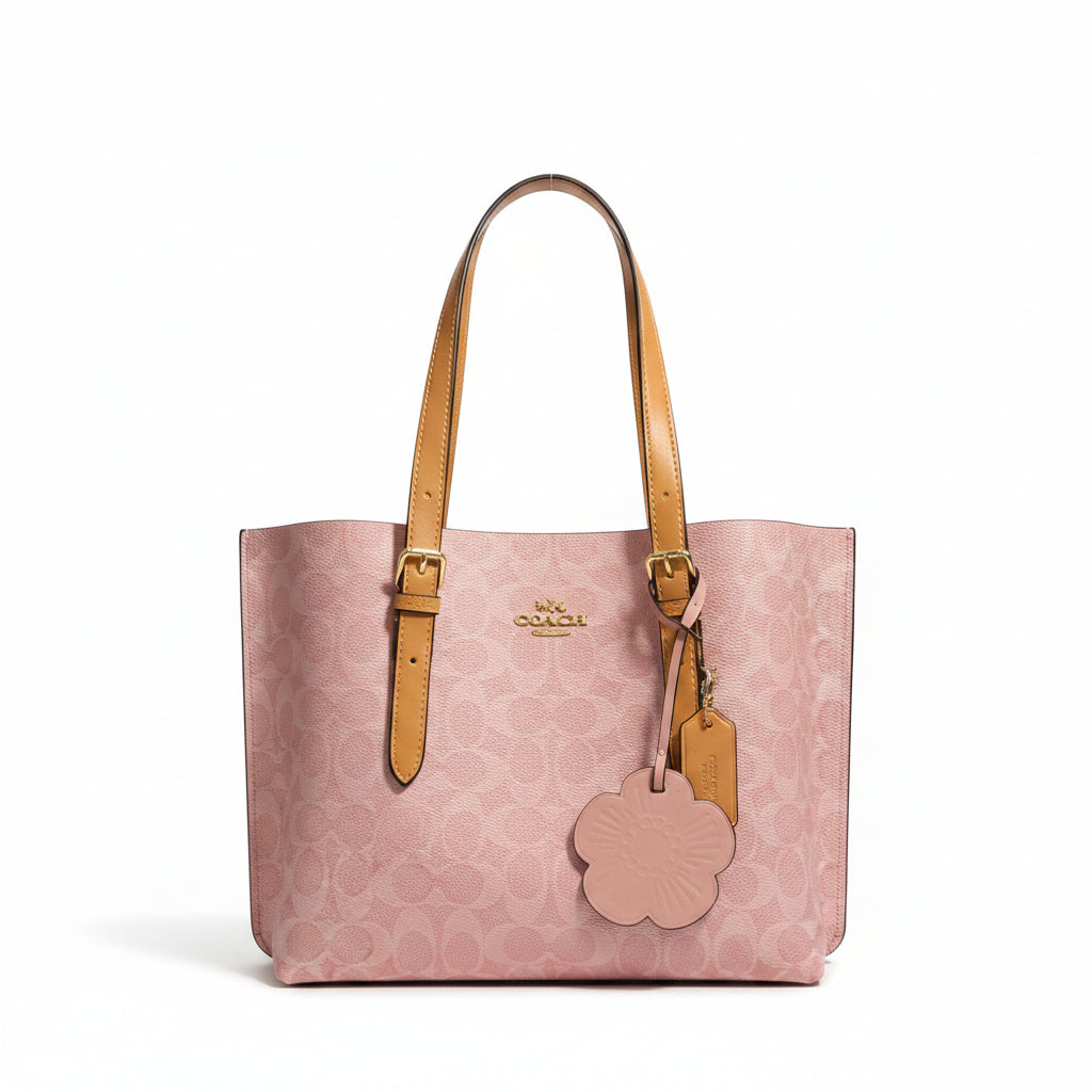 Coach Signature C Pink Tote with Floral Charm 🌸👜