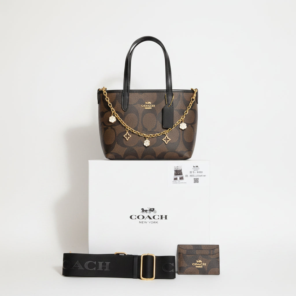 Coach Signature Flower Charm Bag Set with Matching Card Holder 🌸👜