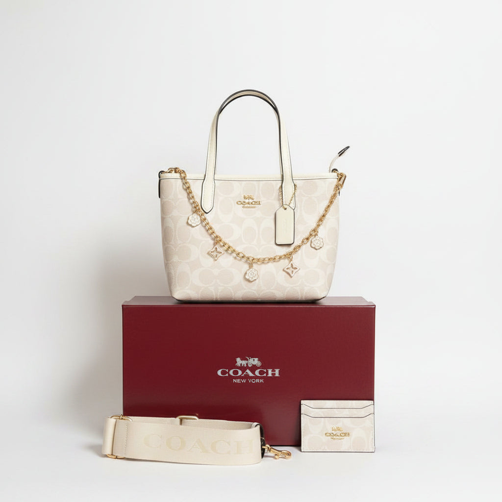 Coach Signature Flower Charm Bag Set with Matching Card Holder 🌸👜