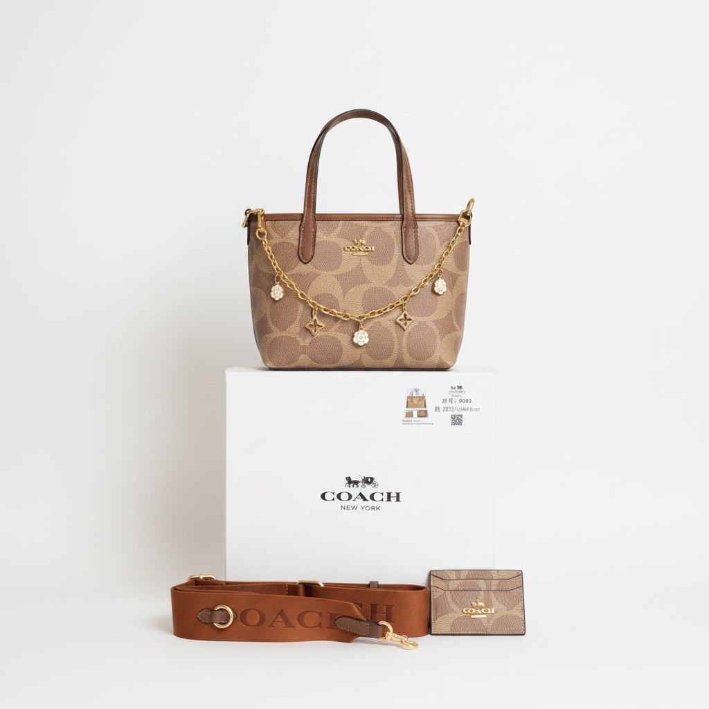 Coach Signature Flower Charm Bag Set with Matching Card Holder 🌸👜