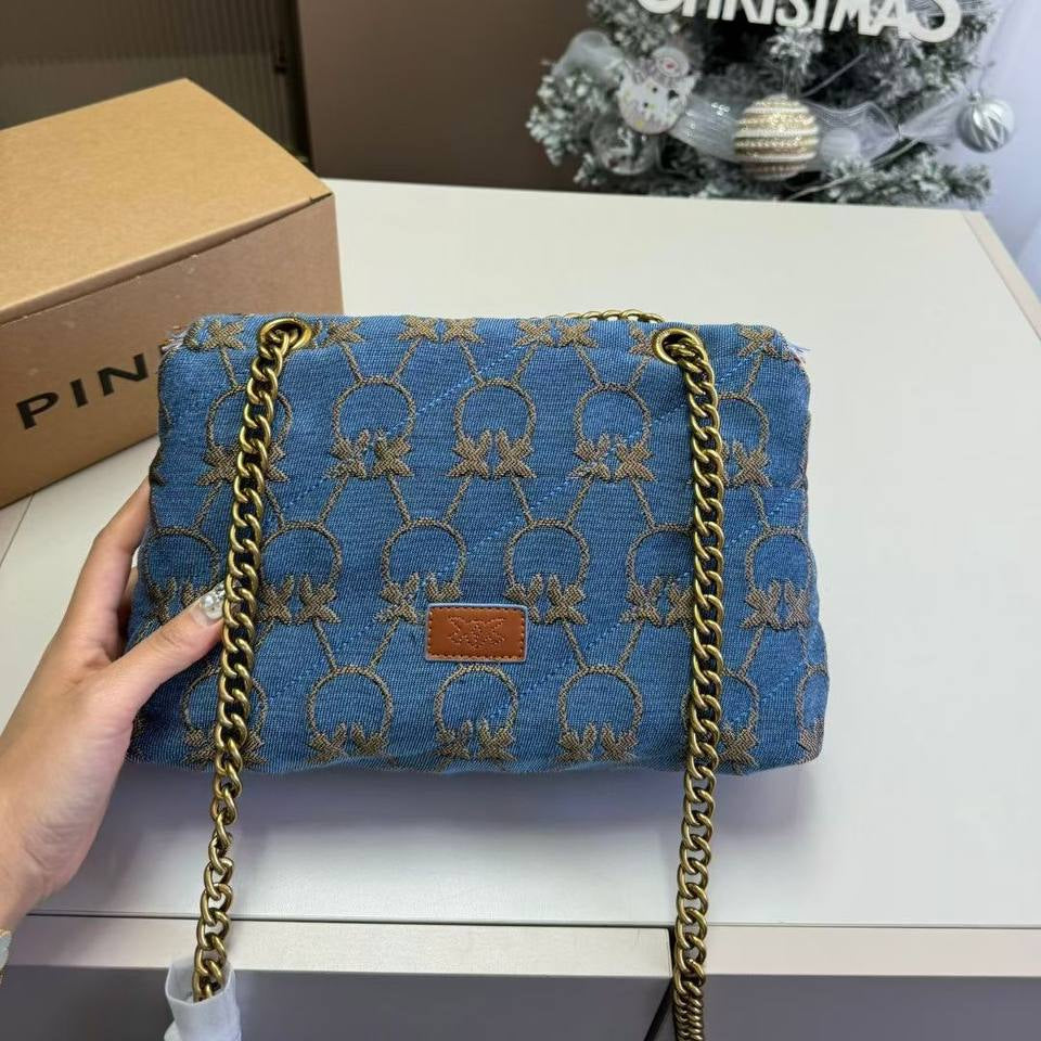 PINKO Denim Shoulder Bag with Gold-Tone Bird Logo 🐦✨