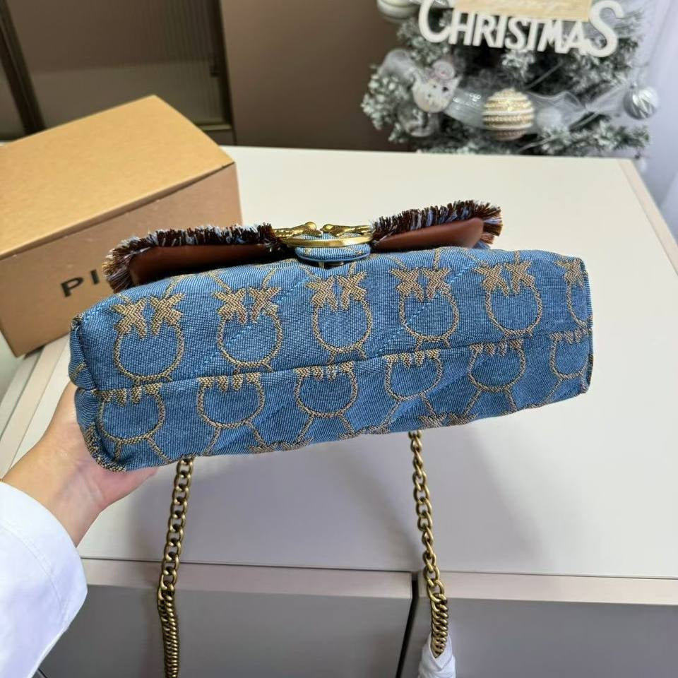PINKO Denim Shoulder Bag with Gold-Tone Bird Logo 🐦✨